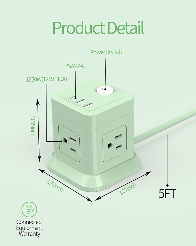 FDTEK Cube Power Strip USB C, 4 Outlets 3 USB 5 FT Extension Cord Green | Flat - Image 4