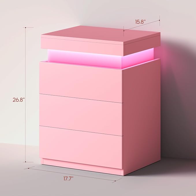 ADORNEVE Pink Nightstand with Charging Station and LED Lights | Night Stand - Image 2