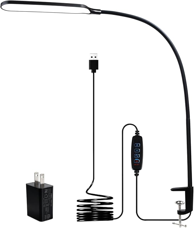 8W LED Desk Lamp with Long Gooseneck and USB Cable, 800LM | Metal Dimmable Clip by Unknown