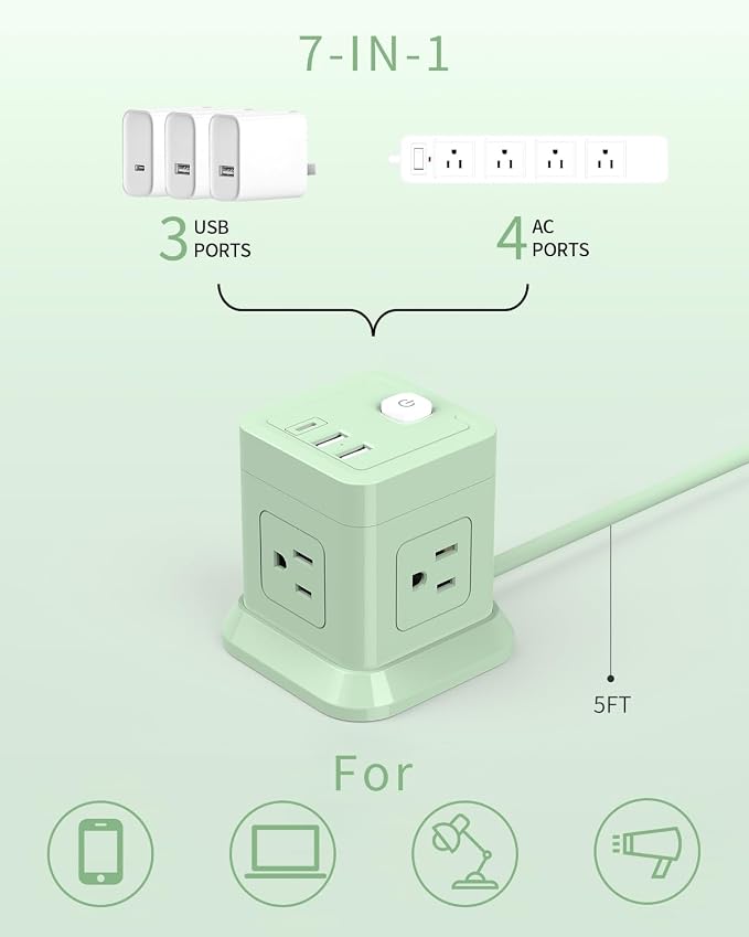FDTEK Cube Power Strip USB C, 4 Outlets 3 USB 5 FT Extension Cord Green | Flat - Image 3