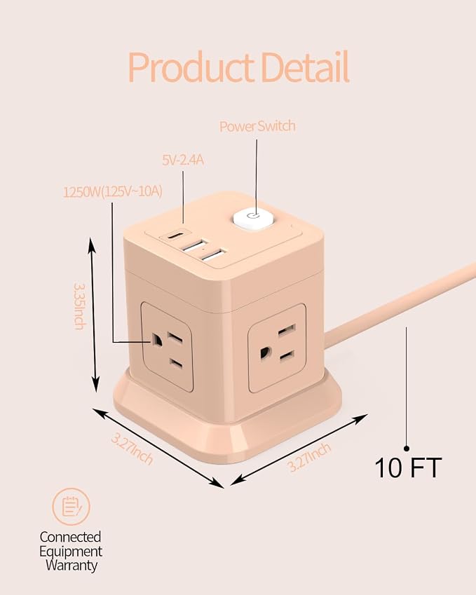 FDTEK Cube Power Strip USB C, 4 Outlets 3 USB 10 FT Extension Cord Pink | 10ft - Image 3