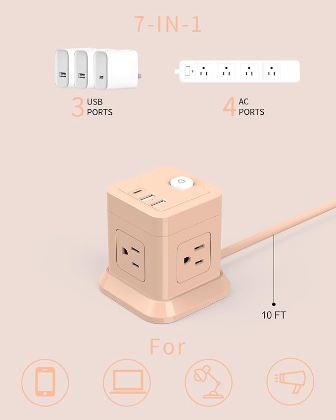 FDTEK Cube Power Strip USB C, 4 Outlets 3 USB 10 FT Extension Cord Pink | 10ft - Image 2