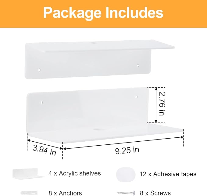 9 Inch Acrylic Floating Shelf No Drill Adhesive Wall Shelf Set of 4 - Image 3