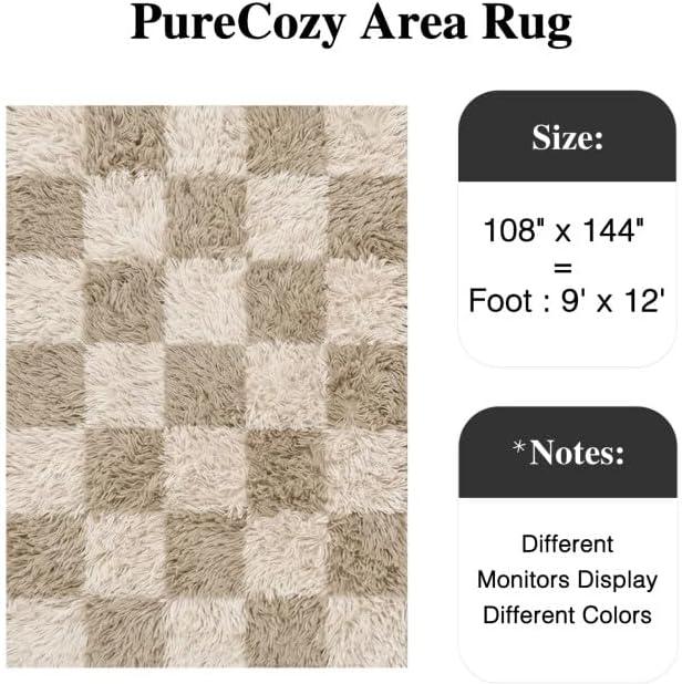 Beige 9x12 Area Rug for Living Room Soft Checkered Shag Carpet | Machine - Image 2