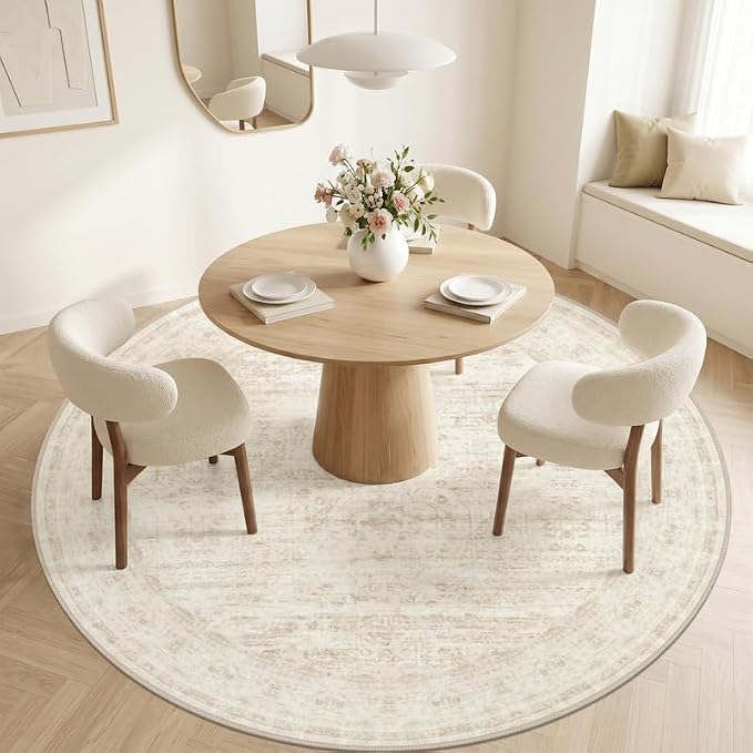 Round Area Rug Living Room: 8ft Washable Carpet Retro Beige | Vintage Boho - Image 2