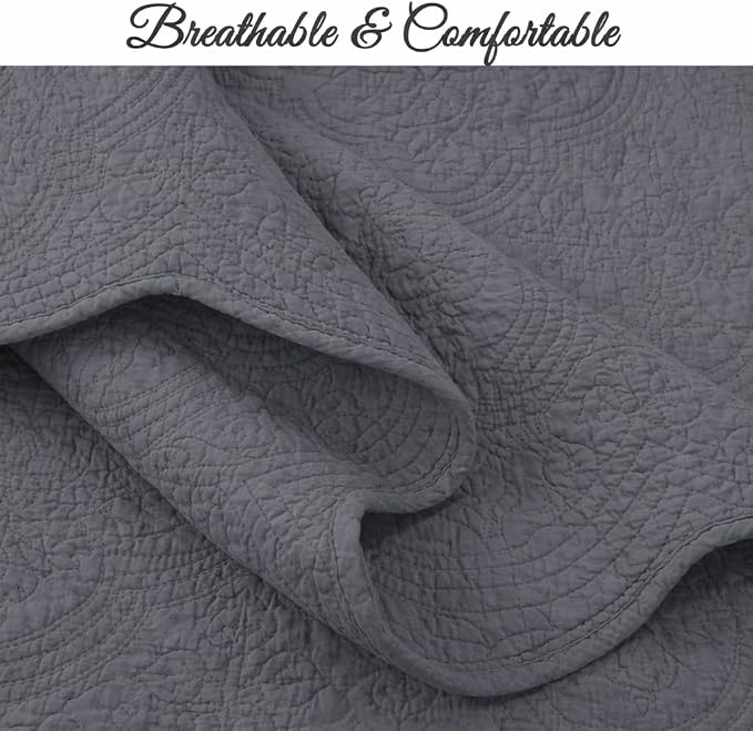 Cozy Line Home Fashions Charcoal Gray Cotton Quilt Set – 3-Piece Solid Textured - Image 5