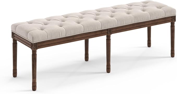 LUE BONA 60" Fabric End of Bed Bench, Upholstered Tufted French Bedroom Bench by LUEBONA