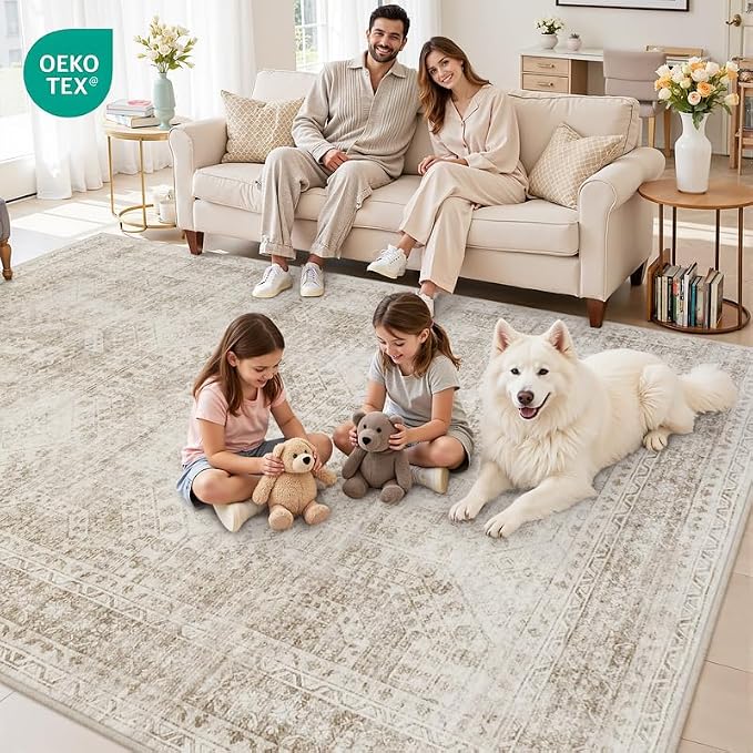 8x10 Area Rugs Living Room: Bedroom Neutral Washable Carpet Brown | Vintage - Image 7