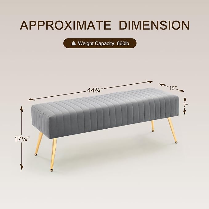 Furnimart 44 Inch Gray Velvet Modern Ottoman Bench, Modern Upholstered Bedroom - Image 3