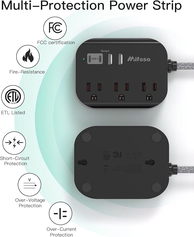 Mifaso Power Strip with USB, 15Ft Compact Flat Plug Extension Cord | 3 Outlets - Image 5