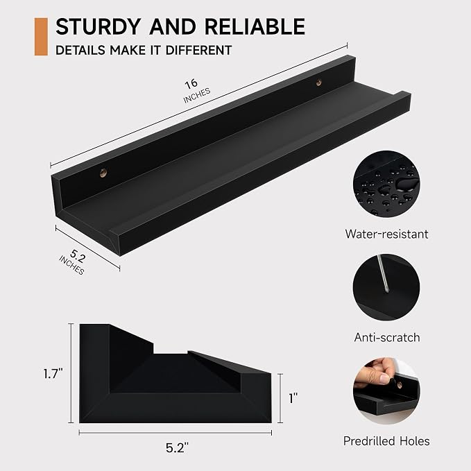 Fun Memories Floating Picture Ledge Shelves Set of 2, 16 Inch Solid Wood Wall - Image 3