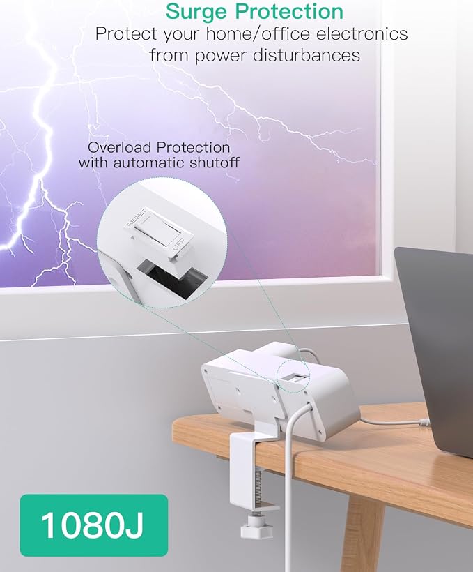 Mifaso PD65W Desk Clamp Power Strip, 1080J Surge Protector, 2 USB C | 4 Outlets - Image 7
