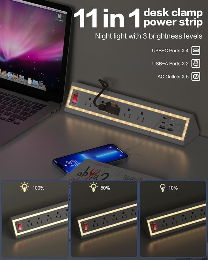 Desk Clamp Power Strip with Nightlight, 40W Fast Charging, 6FT Extension Cord - Image 6