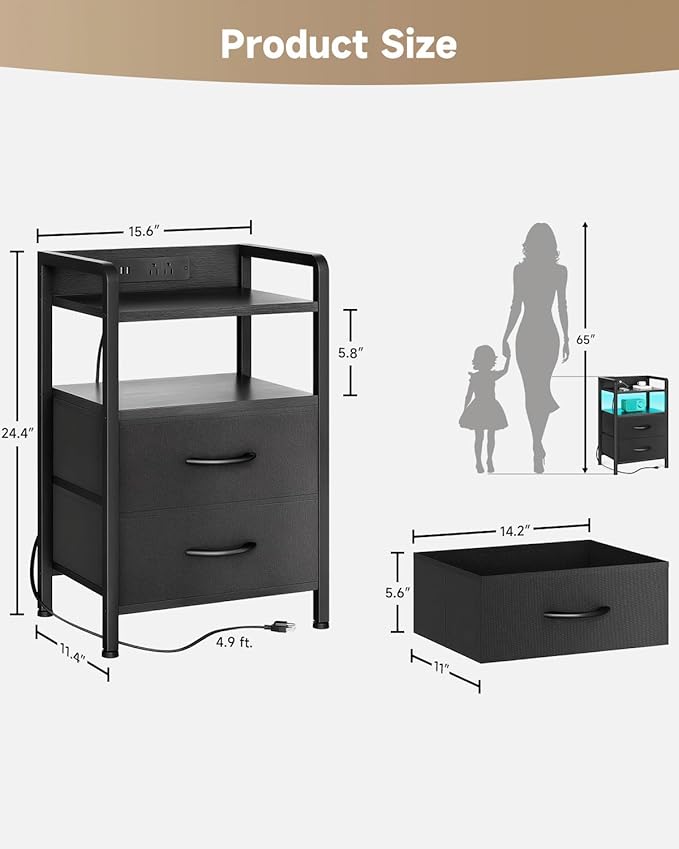 Lazzanto Nightstand with Rear Charging Station, LED Light, 2 Drawers, 2 USB-A - Image 3
