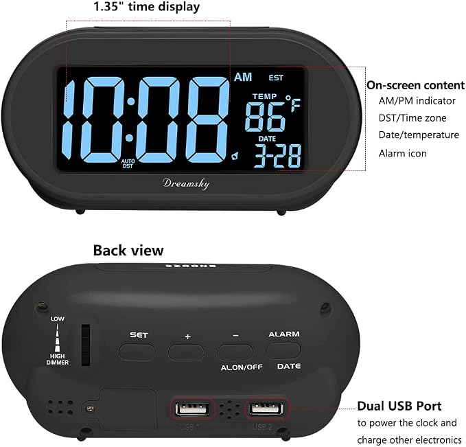 DreamSky Alarm Clocks for Bedrooms, Auto Set Digital Clock - Image 8