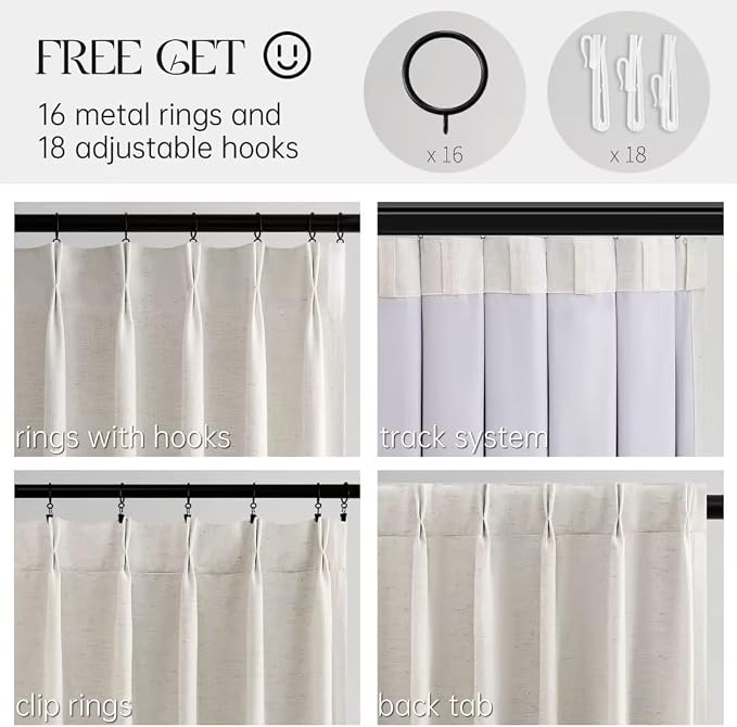 Natural Pinch Pleated Full Blackout Curtains Linen Blended Room Darkening - Image 4