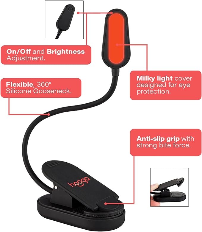 hooga Red Book Light, Rechargeable Clip On 625nm LED Light - Image 2