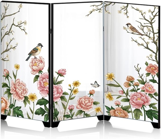 Mini Folding Screen, 3 Panel Divider, Chinese Style Vintage Desktop Mirror by KABAKE