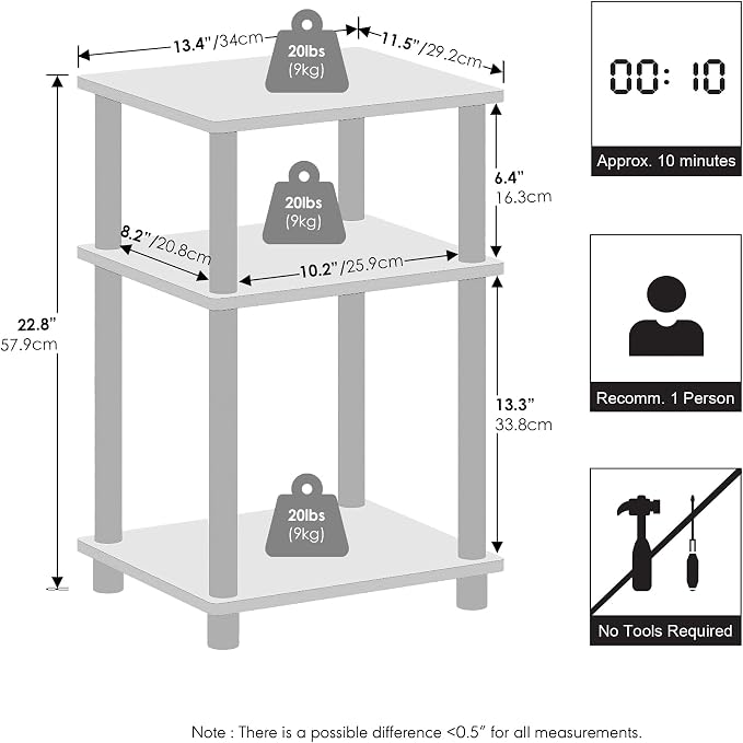 Furinno Just 3-Tier Turn-N-Tube Open Storage Nightstand, Stainless Steel Tubes - Image 3