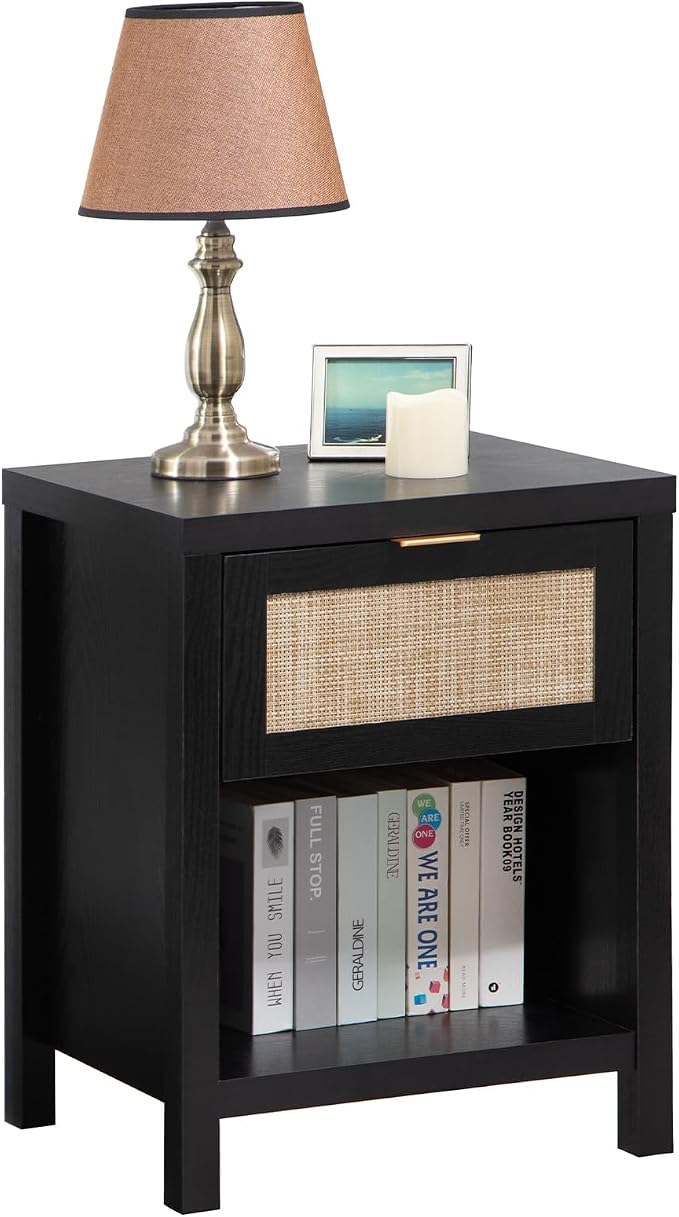 SICOTAS Black Rattan Nightstand Farmhouse Night Stands by SICOTAS