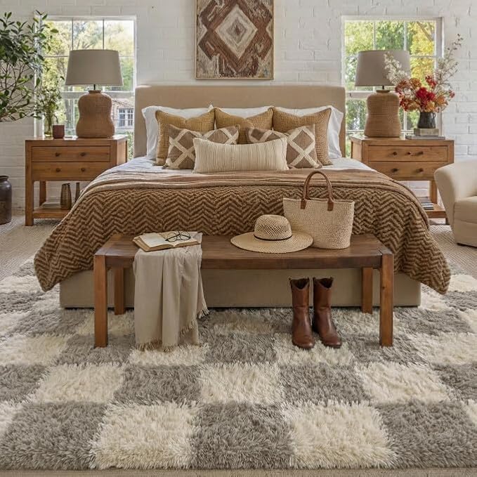 Grey 5x8 Area Rug for Living Room Soft Checkered Shag Carpet | Machine Washable - Image 3