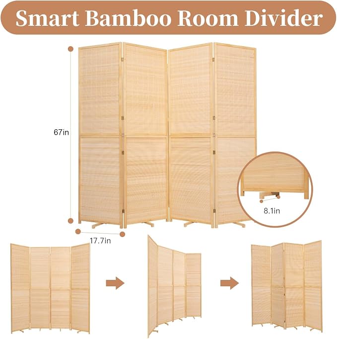 Room Divider Folding Privacy Screens, Hand-Made Natural Bamboo Room Dividers | - Image 5