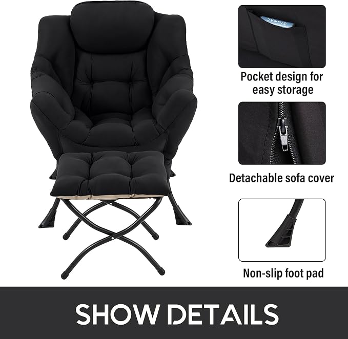 Lazy Chair with Ottoman, Comfy Accent Reading Chair, Removable Cover, with - Image 7