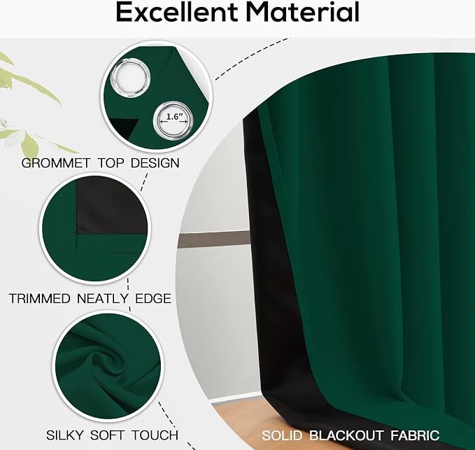 Yakamok 100% Blackout Curtains for Bedroom 84 Inch Length, Emerald Green Total - Image 4