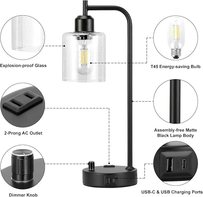 Industrial Bedside Lamps Set of 2, Fully Dimmable Desk Lamps - Image 7
