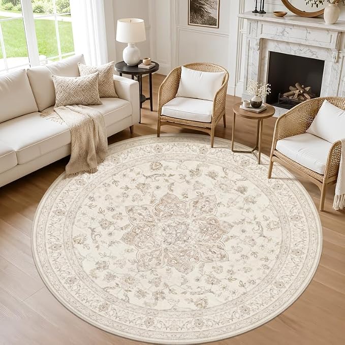 Round Area Rug Living Room: 8ft Washable Carpet Beige White | Vintage Boho by Luxturiy