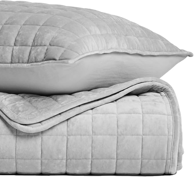 RECYCO Channel Box Stitch Velvet Quilt Set, Twin/Twin XL Size, Frost Gray | - Image 5