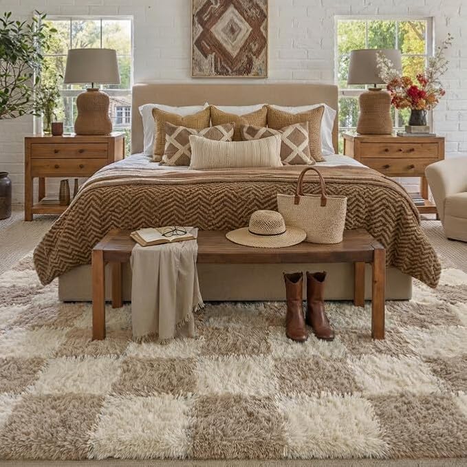 Beige 5x7 Area Rug for Living Room Soft Checkered Shag Carpet | Machine Washable - Image 3