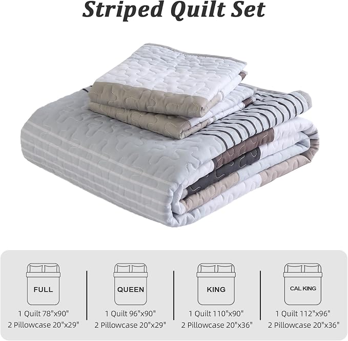 Dinjoy California King Striped Quilt Set, Breathable All-Season, 3-Piece Set - Image 6