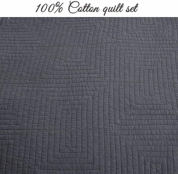 Cozy Line Home Fashions 100% Cotton Quilt Set – 3-Piece Charcoal Gray Geometric - Image 2