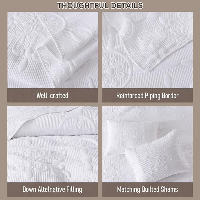 B2EVER White Damask Quilt Queen Size Bedding Sets - Image 6