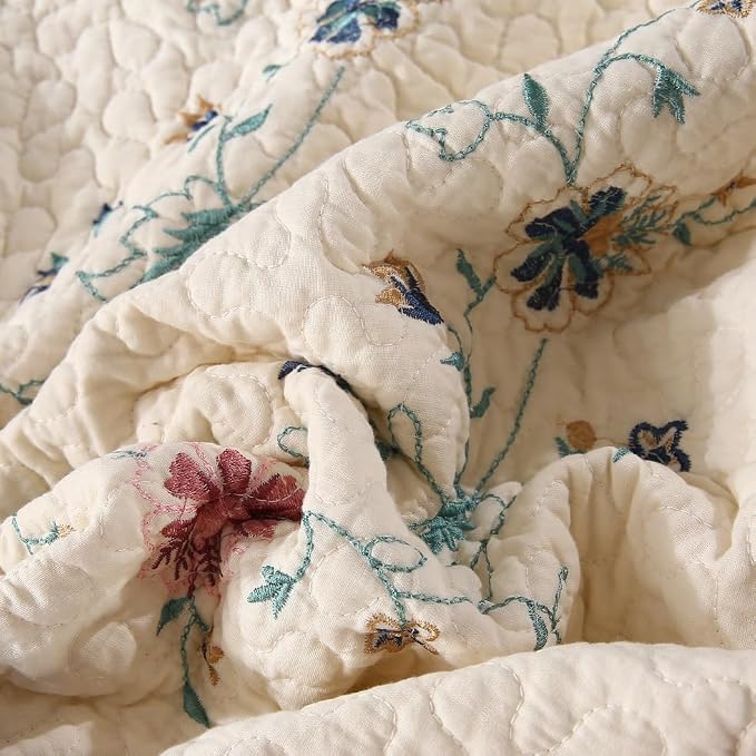 ROOMLIFE Quilt Set Full Floral Leaves 3D Embroidery Pattern 3-Piece Cotton | - Image 9