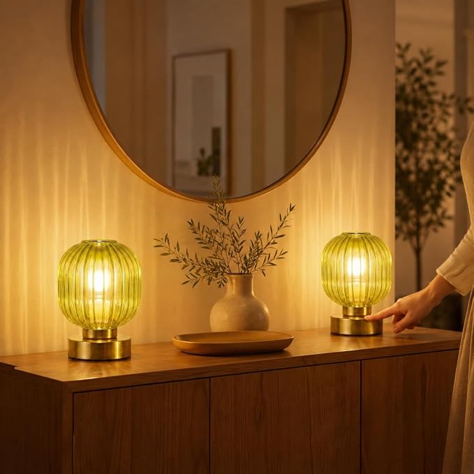 Elenhome Green Touch Glass Table Lamp Set of 2, 3-Way Dimmable Bedside Lamps - Image 6