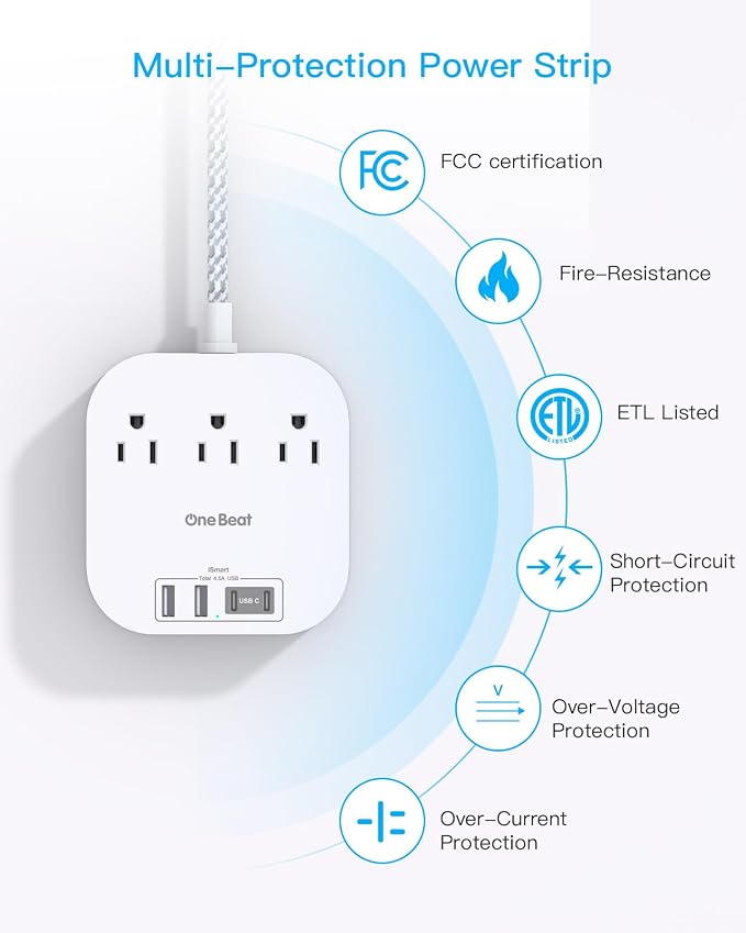 One Beat Power Strip with USB C, 3 Outlets 4 USB Ports, 15ft Extra Long Braided - Image 4