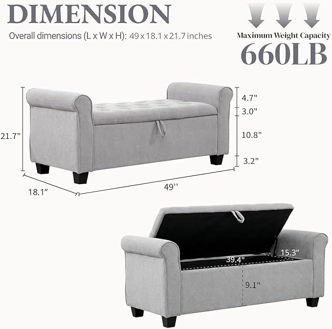 49" End of Bed Storage Bench for Bedroom, Upholstered Storage Ottoman | Easy - Image 2