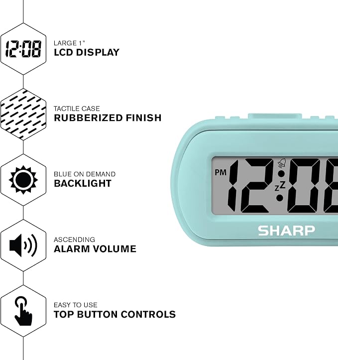 Sharp Battery Alarm Clock with Soft-Touch Case and Blue Backlight, Mint | - Image 3