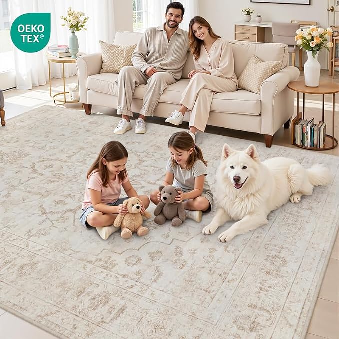 10x14 Area Rugs Living Room: Bedroom Washable Carpet Warm Beige | Vintage Boho - Image 7