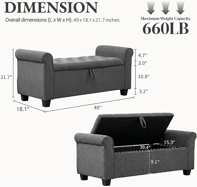 49" End of Bed Storage Bench for Bedroom, Upholstered Storage Ottoman | Easy - Image 2