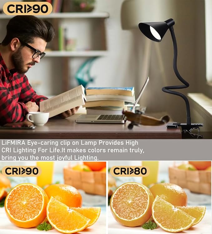 LiFMIRA Clip on Light USB Reading Light Desk Lamp 3 Color Modes Black | 10 - Image 6