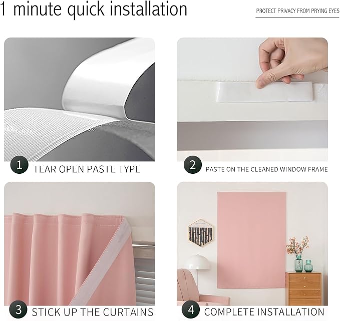Thermal Blackout Curtains with Self-Adhesive Tape, No Rod No Drill Easy Install - Image 3