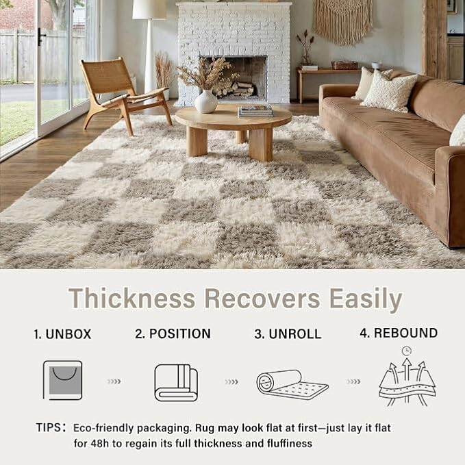Grey 6x9 Area Rug for Living Room Soft Checkered Shag Carpet | Machine Washable - Image 4