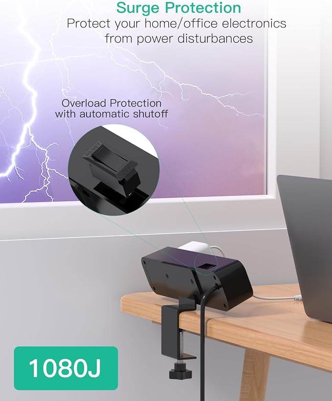 Mifaso PD65W Desk Clamp Power Strip, 1080J Surge Protector, 2 USB C | 4 Outlets - Image 4