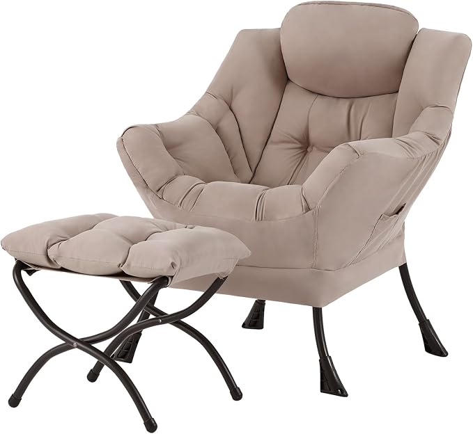 Welnow Lazy Chair with Ottoman, Reading Chair with Footrest，Khaki | A Side by LifeGetsBetterWithWelnow