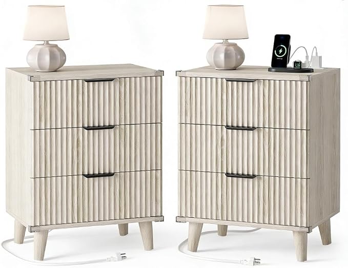 Wood Nightstands Set of 2 w/Charging Station, 3 Drawers Fluted Dresser | Grey by Lulive