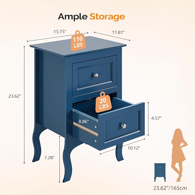 Bonnlo Blue Nightstand with 2 Drawers, Kids Room, Living Room, Small Spaces - Image 2