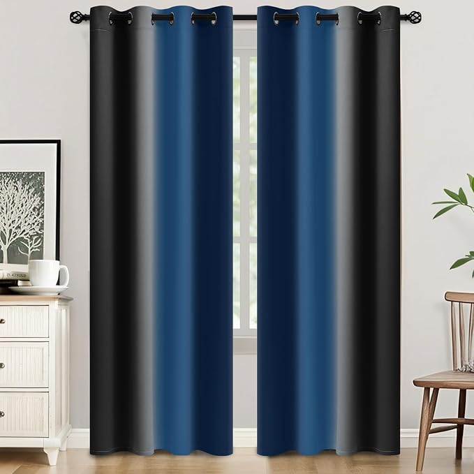 SimpleHome Ombre Blue and Black Room Darkening Curtains 84 inches Length | - Image 2